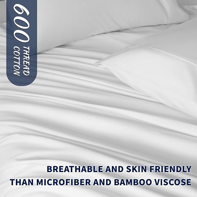 Shilucheng 100% Cotton Sheets Set - 600 Thread Count，Luxury Egyptian Cotton Bed Sheets，5-Star Hotel Quality Sheets, Breathable & Cooling, 16 Inch Deep Pocket - 4 Piece (White, Full) - LeafyLoom