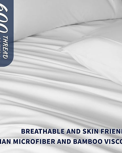 Shilucheng 100% Cotton King Size Sheets Set - 600 Thread Count，Luxury Egyptian Cotton Bed Sheets，5-Star Hotel Quality Sheets, Breathable & Cooling, 16 Inch Deep Pocket - 4 Piece (White, King) - LeafyLoom
