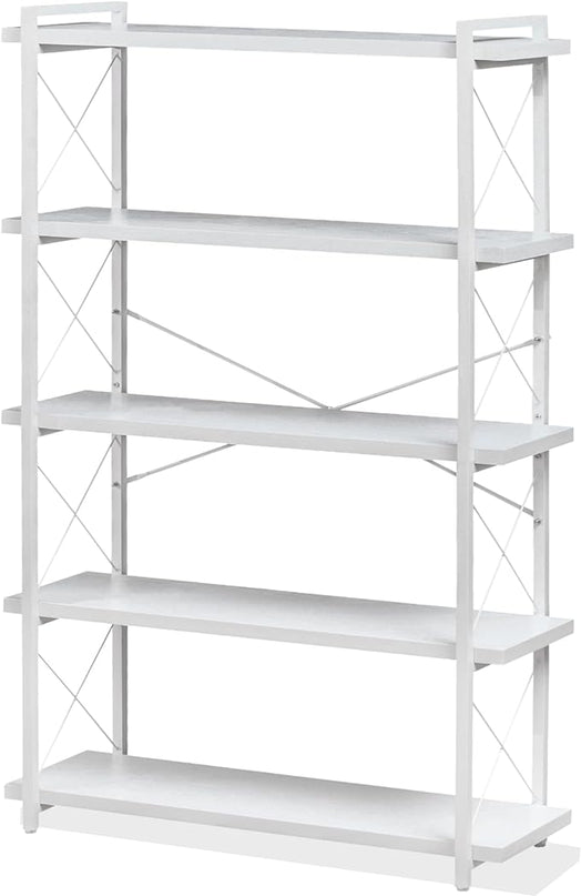 HCHQHS Bookshelf, 5-Tier Industrial Bookcase, White Open Book Shelf, Freestanding Tall Bookshelves with Metal Frame - LeafyLoom