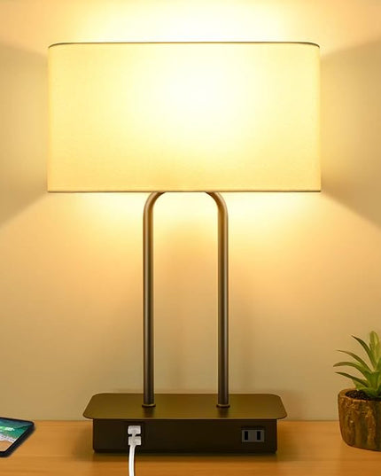 3-Way Dimmable Touch Control Table Lamp with 2 USB Ports and AC Power Outlet Modern Bedside Nightstand Lamp Fabric Shade and Metal Base for Guestroom Bedroom Living Room Hotel LED Bulb Included White - LeafyLoom