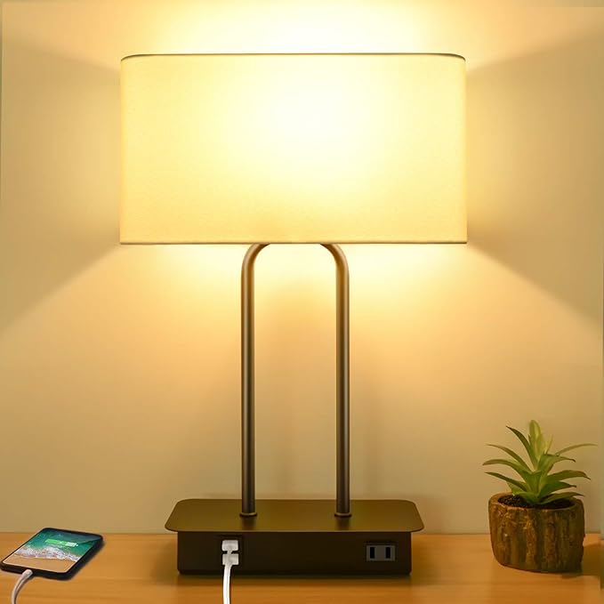 3-Way Dimmable Touch Control Table Lamp with 2 USB Ports and AC Power Outlet Modern Bedside Nightstand Lamp Fabric Shade and Metal Base for Guestroom Bedroom Living Room Hotel LED Bulb Included White - LeafyLoom