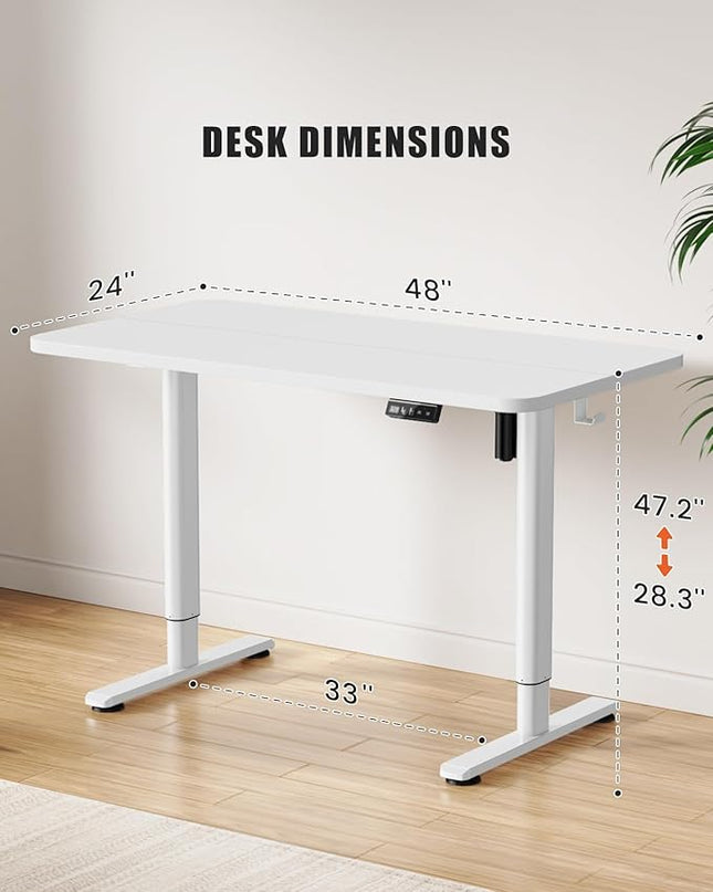 Electric Standing Desk Adjustable Height Stand Up Desk, 48" x 24" Sit Stand Desk, Low Noise Home Office Desk, Computer Desk with Splice Board, Child Lock & Memory Function, White - LeafyLoom