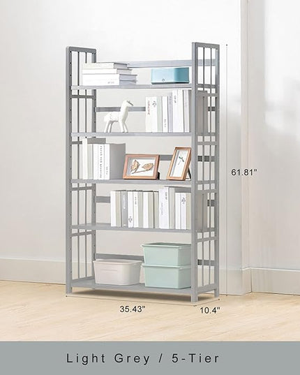 IOTXY Bamboo Open Bookshelf - Large 5-Tier Free-Standing Storage Rack, Multifunctional Display Stand for Bookcase, Office and Home, Light Grey - LeafyLoom