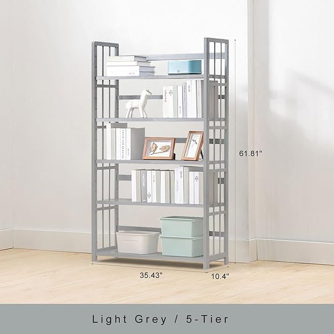 IOTXY Bamboo Open Bookshelf - Large 5-Tier Free-Standing Storage Rack, Multifunctional Display Stand for Bookcase, Office and Home, Light Grey - LeafyLoom