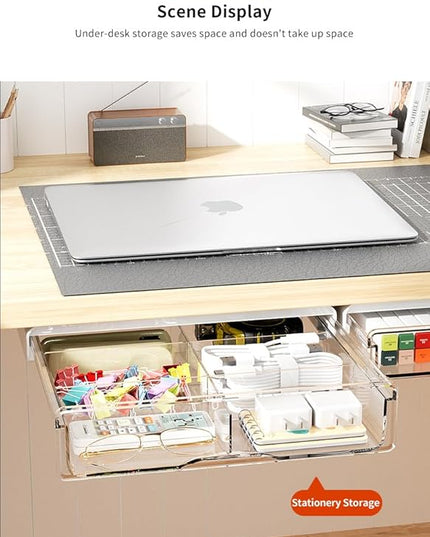 Under Desk Storage Drawer Kit, Clear Under Desk Storage Large and Narrow Drawers 3 PCS Combo for Home Bedroom Office Kitchen Organization - LeafyLoom