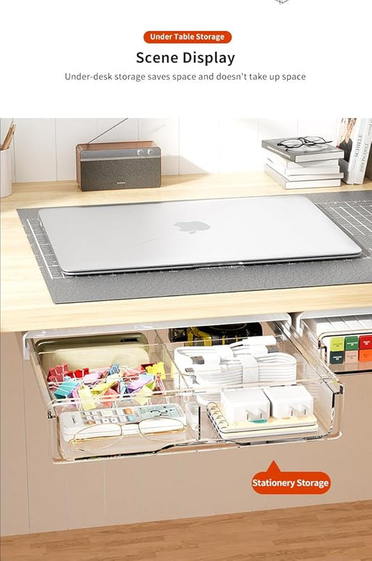 Under Desk Storage Drawer Kit, Clear Under Desk Drawer Mounted Below Table Medium and Small Size 2 Pcs Combo for Home Bedroom Office Kitchen Organization - LeafyLoom