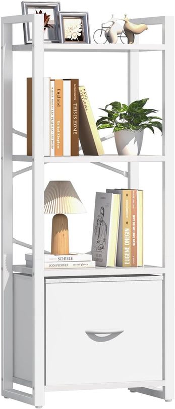 Yoobure Bookshelf, 4 Tier Book Shelf with Drawer, Small Bookcase Narrow Book Case, Industrial Bookshelves Shelf for Bedroom Living Room Office, Book Storage Organizer for CD/Movie White - LeafyLoom