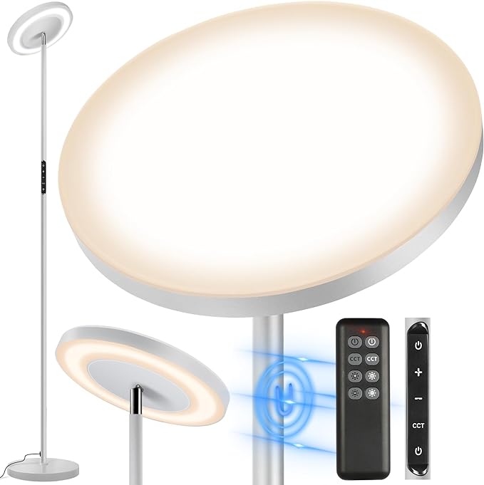 OUTON LED Torchiere Floor Lamp, Super Bright Dimmable Tall Standing Lamp with Remote Touch Control, 4 Color Temperatures, 1-Hour Timer for Living Room, Bedroom, Office (Light Grey) - LeafyLoom