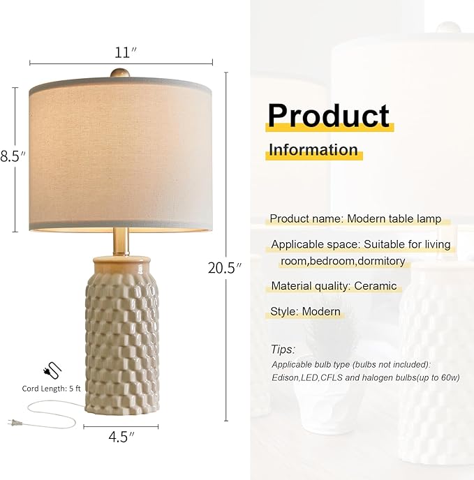 20.5" Modern Ceramic Bedside Lamp Set of 2 for Bedroom Decor Farmhouse Table Lamp for Living Room Office Dorm - LeafyLoom