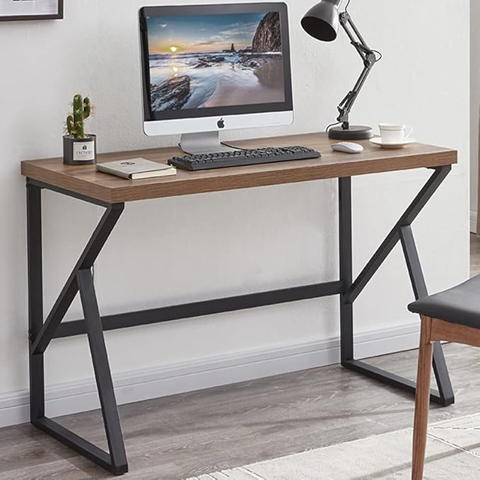 HSH Industrial Home Office Desk Computer Table, Metal and Wood PC Desk, Vintage Sturdy Work Study Writing Desks Computer Desk for Bedroom Livingroom, Rustic Oak 47 inch - LeafyLoom