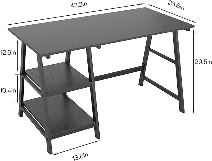 sogesfurniture 47 inches Writing Computer Study Desk with 2 Tier Storage Shelves on Left or Right Side, Trestle Desk, Home Office Study Desk,Black - LeafyLoom