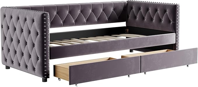 Twin Size Velvet Upholstered Daybed with Two Storage Drawers, Solid Wood Bed w/Button Tufted Backrest, for Living Room, Bedroom, Dorm, No Box Spring Needed - LeafyLoom