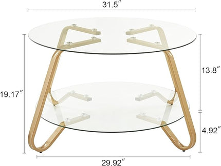 HOMBAZAAR Glass Coffee Table, Modern Coffee Table with Metal Frame and Tempered Glass Tabletop, 2-Tier Round Center Table for Living Room, Meeting Room, Gold - LeafyLoom