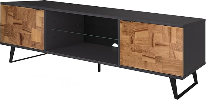 Atelier Mobili Mid Century Modern Door Glass Shelf TV Stand with Storage for TVs up 80 to Inches, Media Console for Living Room, Entertainment Center or Farmhouse TV Stand (Wood Patchwork) - LeafyLoom