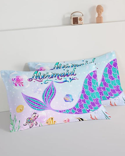 HOSIMA Mermaid Tail Comforter Set for Kids Girls Teens Bedroom Decor,Cartoon Scallop Sea Turtle Sea Horses Octopus Kawaii Bedding Set Mermaid Fish Scale Comforter,Ocean Full Size Bed in a Bag Set. - LeafyLoom