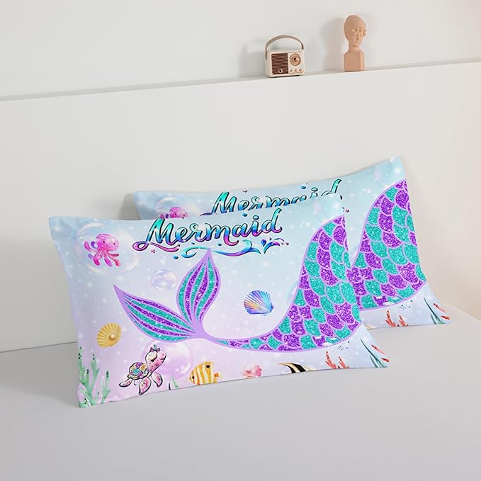 HOSIMA Mermaid Tail Comforter Set for Kids Girls Teens Bedroom Decor,Cartoon Scallop Sea Turtle Sea Horses Octopus Kawaii Bedding Set Mermaid Fish Scale Comforter,Ocean Full Size Bed in a Bag Set. - LeafyLoom