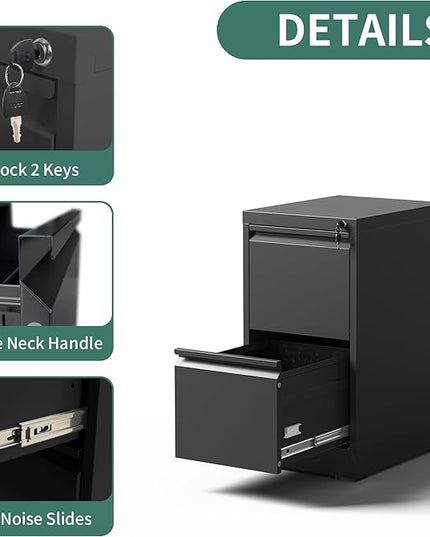 2 Drawer File Cabinet with Lock, Metal Vertical Filing Cabinets for Home Office, Steel Storage Cabinet for Hanging Legal/Letter Size Files, Assembly Required (Black) - LeafyLoom
