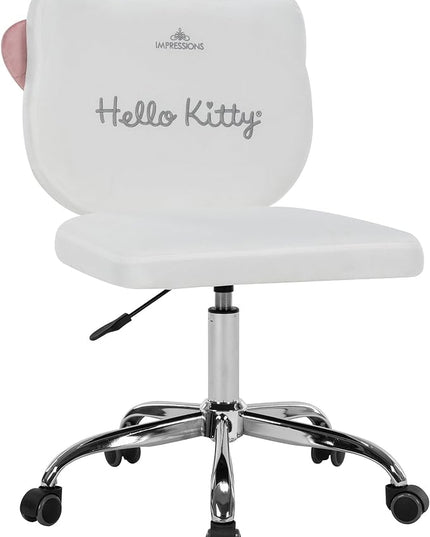 Impressions Vanity Hello Kitty Kawaii Swivel Vanity Chair for Makeup Room, Adjustable Height Cute Desk Chair with Wheels Rolling, Comfy Polyurethane Foam Back Armless Chair for Dorm (White) - LeafyLoom