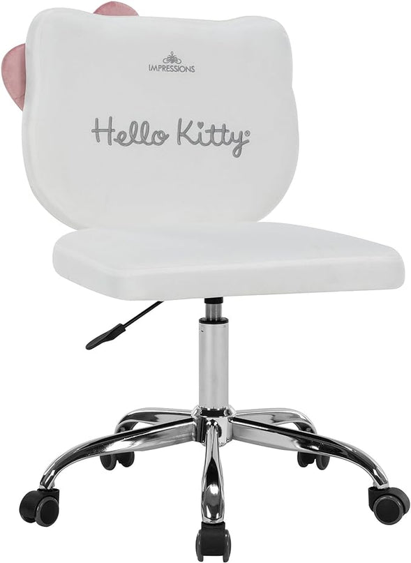 Impressions Vanity Hello Kitty Kawaii Swivel Vanity Chair for Makeup Room, Adjustable Height Cute Desk Chair with Wheels Rolling, Comfy Polyurethane Foam Back Armless Chair for Dorm (White) - LeafyLoom