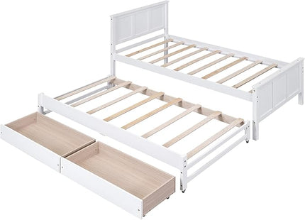 Merax Classic Solid Wooden Bed Farme with Trundle Bed and Drawers Storage Sofa Bed for Living Room Bedroom Guest Room Space Saving,White - LeafyLoom