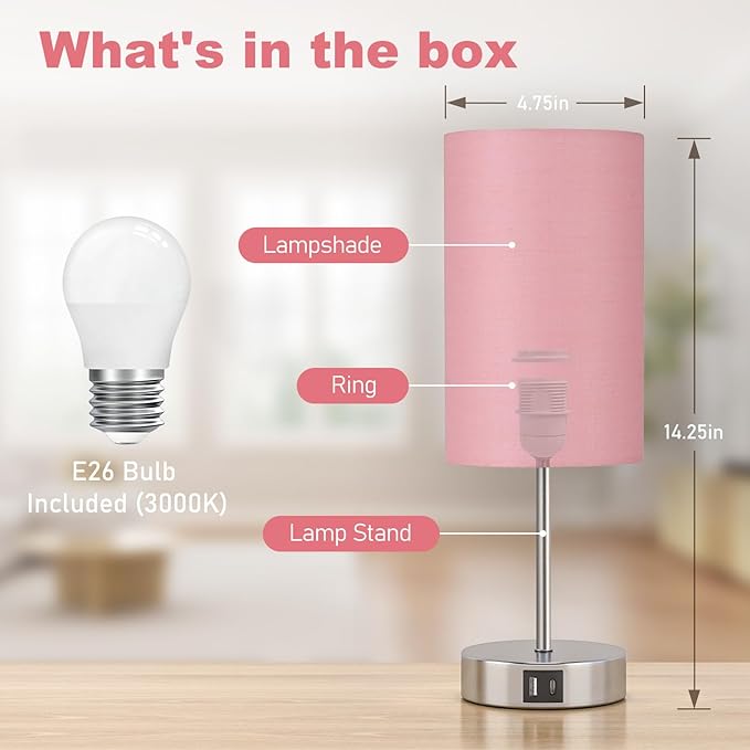 AKASUKI Table Lamp for Bedroom, 3 Way Dimmable Touch Lamp with Dual Charging Station, Small Bedside Lamps for Night Stands, Living Room, Office(LED Bulb Included) - LeafyLoom