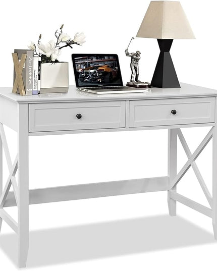 White Computer Desk with 2 Drawers, Modern Makeup Vanity Desk with Storage, Writing Desk for Home Office, 42'' Long Study Simple White Desk for Bedroom Console Table Living Room - LeafyLoom