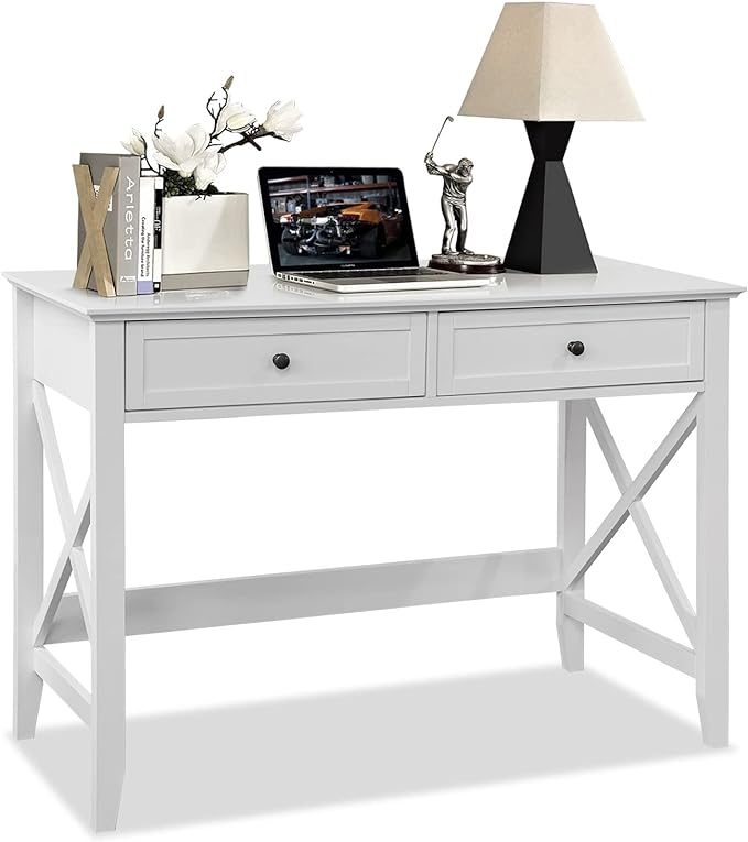 White Computer Desk with 2 Drawers, Modern Makeup Vanity Desk with Storage, Writing Desk for Home Office, 42'' Long Study Simple White Desk for Bedroom Console Table Living Room - LeafyLoom