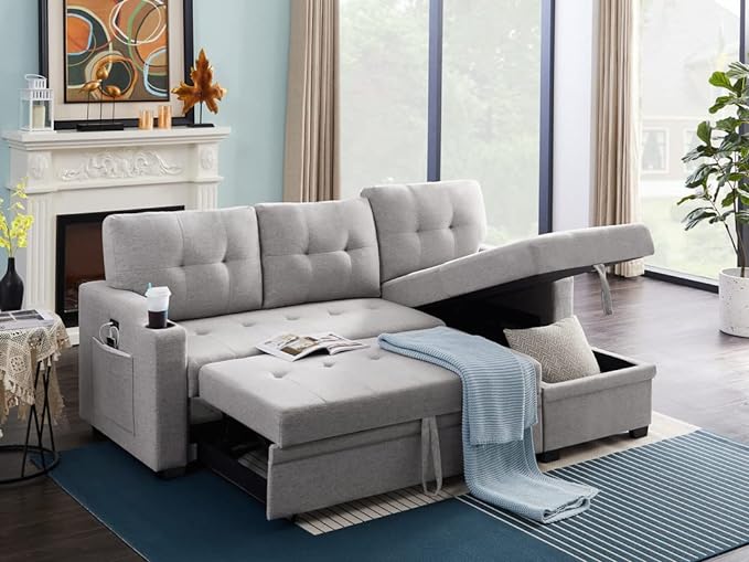 83 Inch Convertible L Shaped Sleeper Sectional Sofa Linen with Storage Chaise, Pull Out Bed, Cup Holder, USB Charging Port, Side Pocket, Reversible Corner Couch Design, 83inch, Light Grey - LeafyLoom