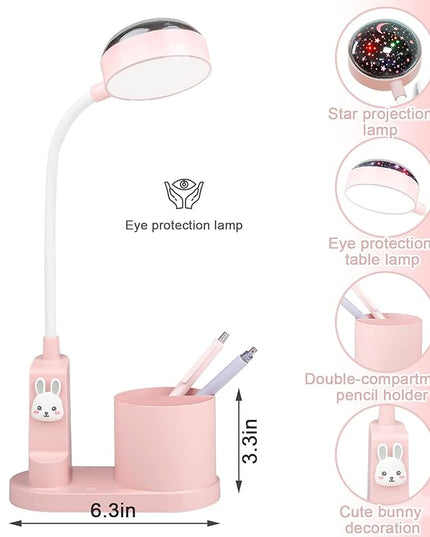 Pink Kids Desk Lamp with Pen holder, Rabbit cute LED Desk/Table Lamp with Dimmable Natrue Light, USB rechargeable and Funny projector, Small Bedside lamp, LED lamp for girls Bedrooms - LeafyLoom
