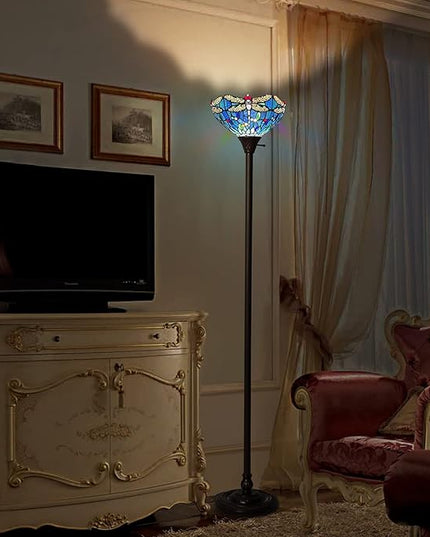 Capulina Tiffany Torchiere Floor Lamp 70 Inches Tall Industrial Pole Vintage Blue Dragonfly Style Standing Floor Light for Home Office Living Room Bedroom Farmhouse - LeafyLoom