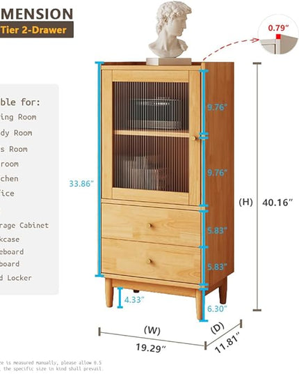 Wooden Glass Door Bookcase - 2-Tier Cube Bookshelf Storage Cabinet with Double Drawer and Adjustable Shelf, Solid Wood Legs Cupboard in Pear Yellow - LeafyLoom