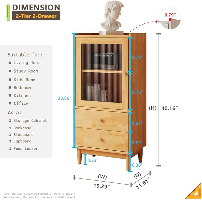 Wooden Glass Door Bookcase - 2-Tier Cube Bookshelf Storage Cabinet with Double Drawer and Adjustable Shelf, Solid Wood Legs Cupboard in Pear Yellow - LeafyLoom
