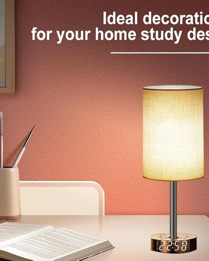 Gray Nightstand Light Lampshade 7ft Plug Extension Cord Dual USB Charging Port AC Outlet, Cylinder Desk Lamp Clock Charger… - LeafyLoom