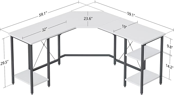 CubiCubi L Shaped Desk, 59.1 inch Computer Corner Desk with 2 Storage Shelves, Home Office Desk for Writing Gaming Study, White - LeafyLoom