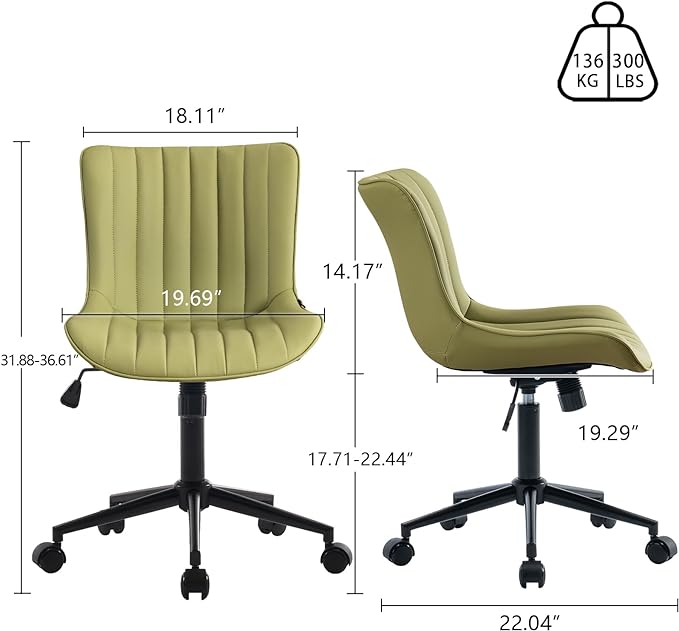 YOUNIKE Armless Office Chair Swivel Desk Chair with Wheels Upholstered Leather Task Computer Chair Adjustable Modern Rolling Gaming Chair Avocado Green Vanity Chair - LeafyLoom