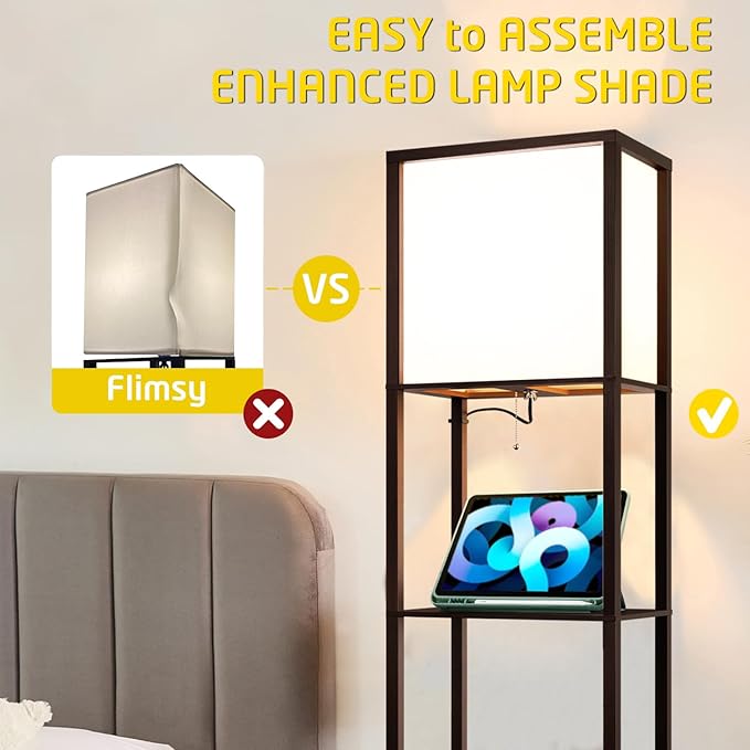 Floor Lamp with Shelves Plus, 4-Tier Modern Shelf Floor Lamp with 2700 4000K 5000K Color Selectable, Display Lamp for Living Room Bedroom Office, 15W LED Bulb(Walnut). - LeafyLoom