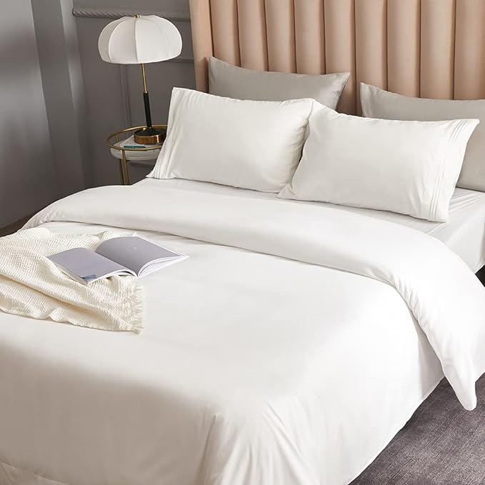 Bed Sheet Set - Brushed Microfiber Bedding - Bedding Sheets & Pillowcases - Deep Pockets - Easy Fit - Breathable & Cooling Sheets - 4 Piece Full White Sheets - LeafyLoom