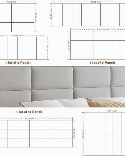 Wall Mounted Upholstered Headboard King, 3D Peel and Stick Soundproof Wall Panels, Reusable and Removable Padded Headboard Leather Bed Headboard, 12 Panels Headboard 9.84" x 23.62", Light Grey - LeafyLoom