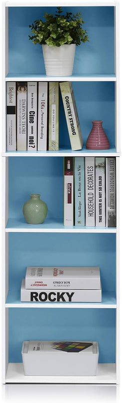Furinno Luder Bookcase / Book / Storage , 5-Tier, White / Light Blue - LeafyLoom
