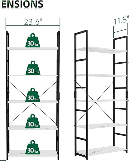 OTK 5 Tier Bookshelf, Tall Bookcase, Office Shelf Storage Organizer, Modern Book Shelf for Living Room, Bedroom, and Home Office, White Marble - LeafyLoom