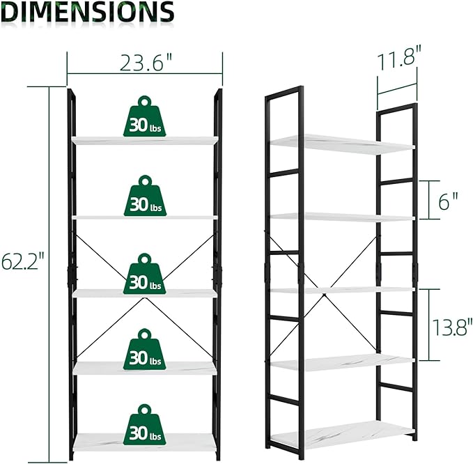 OTK 5 Tier Bookshelf, Tall Bookcase, Office Shelf Storage Organizer, Modern Book Shelf for Living Room, Bedroom, and Home Office, White Marble - LeafyLoom