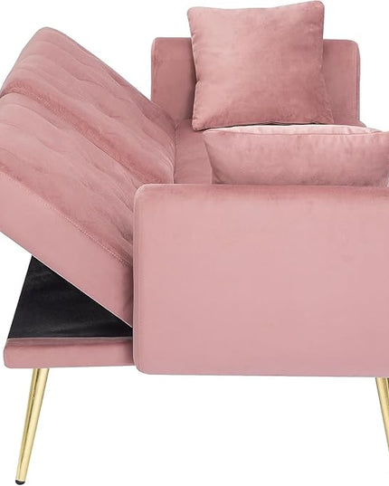 Living Room Furniture Sets 72.4" Mid-Century Modern Tufted Loveseat Sofa with Cup Holder/2 Pillows/Adjusting Backrest Small Comfy Couch for Bedroom, Apartment,Home Office, Sofá, Pink-1 - LeafyLoom
