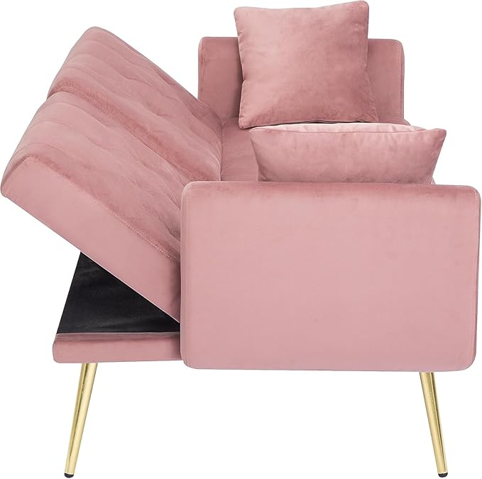 Living Room Furniture Sets 72.4" Mid-Century Modern Tufted Loveseat Sofa with Cup Holder/2 Pillows/Adjusting Backrest Small Comfy Couch for Bedroom, Apartment,Home Office, Sofá, Pink-1 - LeafyLoom