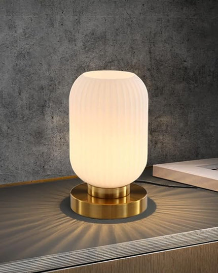 Modern Glass Table Lamp with Ribbed Shade, White, 10.6 x 5.9 inches, E26, for Bedside Bedroom Living Room Office - LeafyLoom