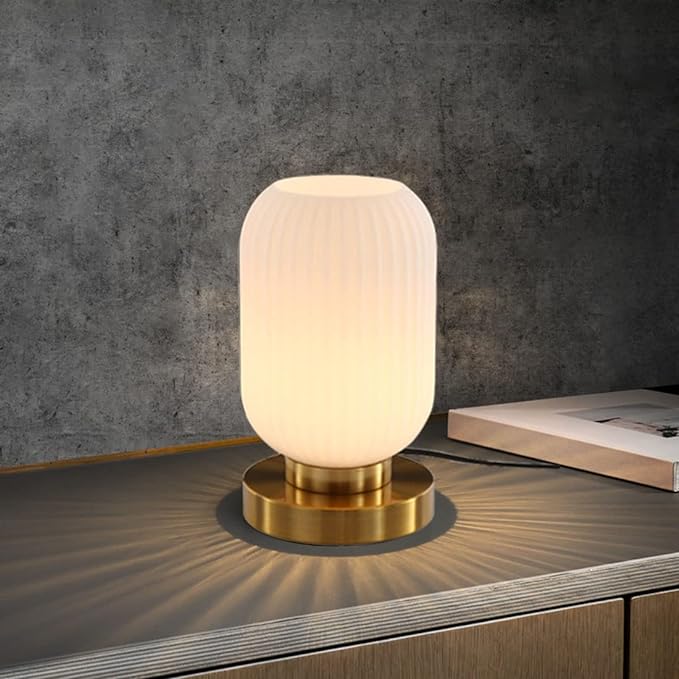 Modern Glass Table Lamp with Ribbed Shade, White, 10.6 x 5.9 inches, E26, for Bedside Bedroom Living Room Office - LeafyLoom