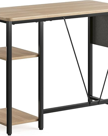 Computer Desk, 39.3” Home Office Desks, Modern Small Desk for Bedroom, Gaming Desk with Iron Hook and Height Adjustable Feet, Sturdy Student Writing Desk with Storage Bag, Storage Shelves - LeafyLoom