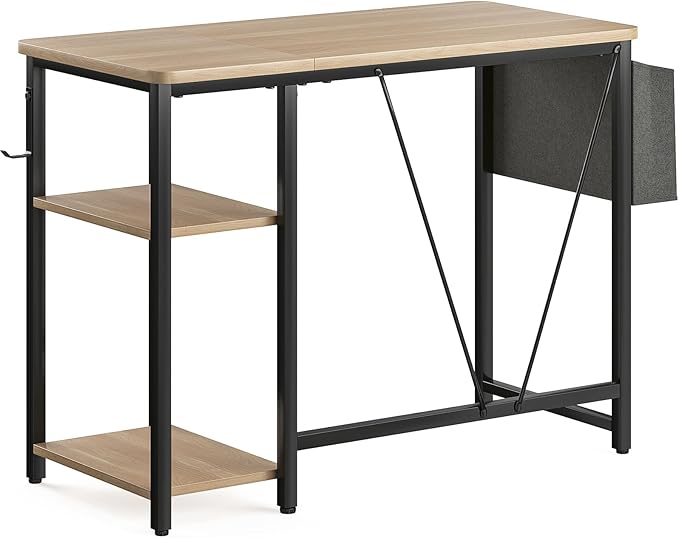Computer Desk, 39.3” Home Office Desks, Modern Small Desk for Bedroom, Gaming Desk with Iron Hook and Height Adjustable Feet, Sturdy Student Writing Desk with Storage Bag, Storage Shelves - LeafyLoom