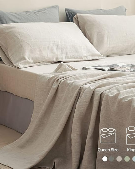 Simple&Opulence 100% Linen Sheet Set Solid Color-4 Pcs Washed French Bed Sheets(1 Flat Sheet,1 Fitted Sheet,2 Pillowcases)-Breathable Bedding Set (Linen, King) - LeafyLoom