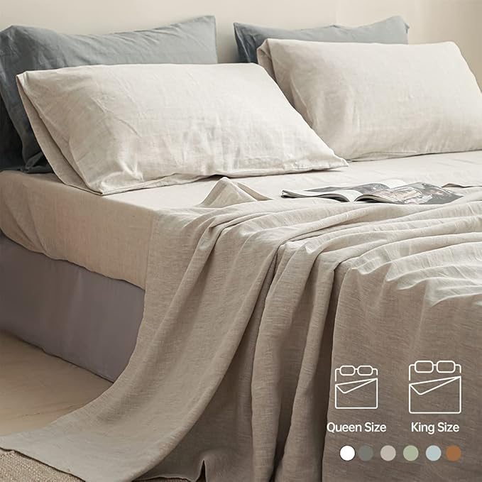 Simple&Opulence 100% Linen Sheet Set Solid Color-4 Pcs Washed French Bed Sheets(1 Flat Sheet,1 Fitted Sheet,2 Pillowcases)-Breathable Bedding Set (Linen, King) - LeafyLoom