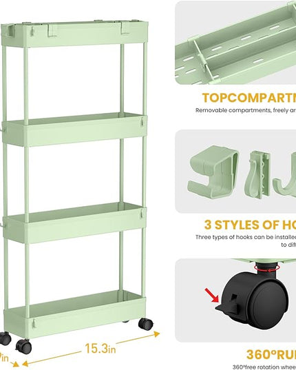 SPACELEAD Slim Storage Cart 4 Tier, Storage Organizer Rolling Utility/Mobile Shelving Unit Slide Out Storage Cart for Office, Bathroom, Kitchen, Laundry Room & Narrow Places， Green - LeafyLoom